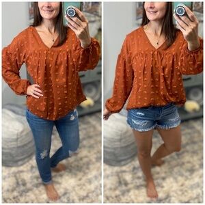 Swiss Dot Long Bubble Sleeve V-Neck Floaty Top Rust 3521